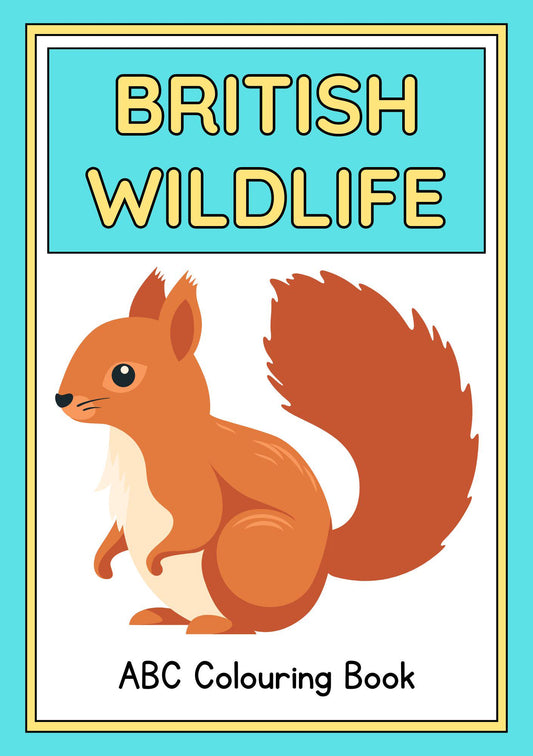 Cover of 'British Wildlife A Digital Colouring Book for Kids' featuring an illustration of a red squirrel with the title text and a colorful border.