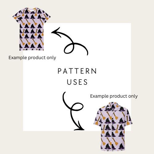 Two examples of shirts with broom and witches hat pattern on a plain background showing how to use the seamless file for halloween 