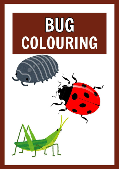Promotional image for a Bug Colouring digital coloring book for kids, showing illustrations of a ladybug, a grasshopper, and a snail.