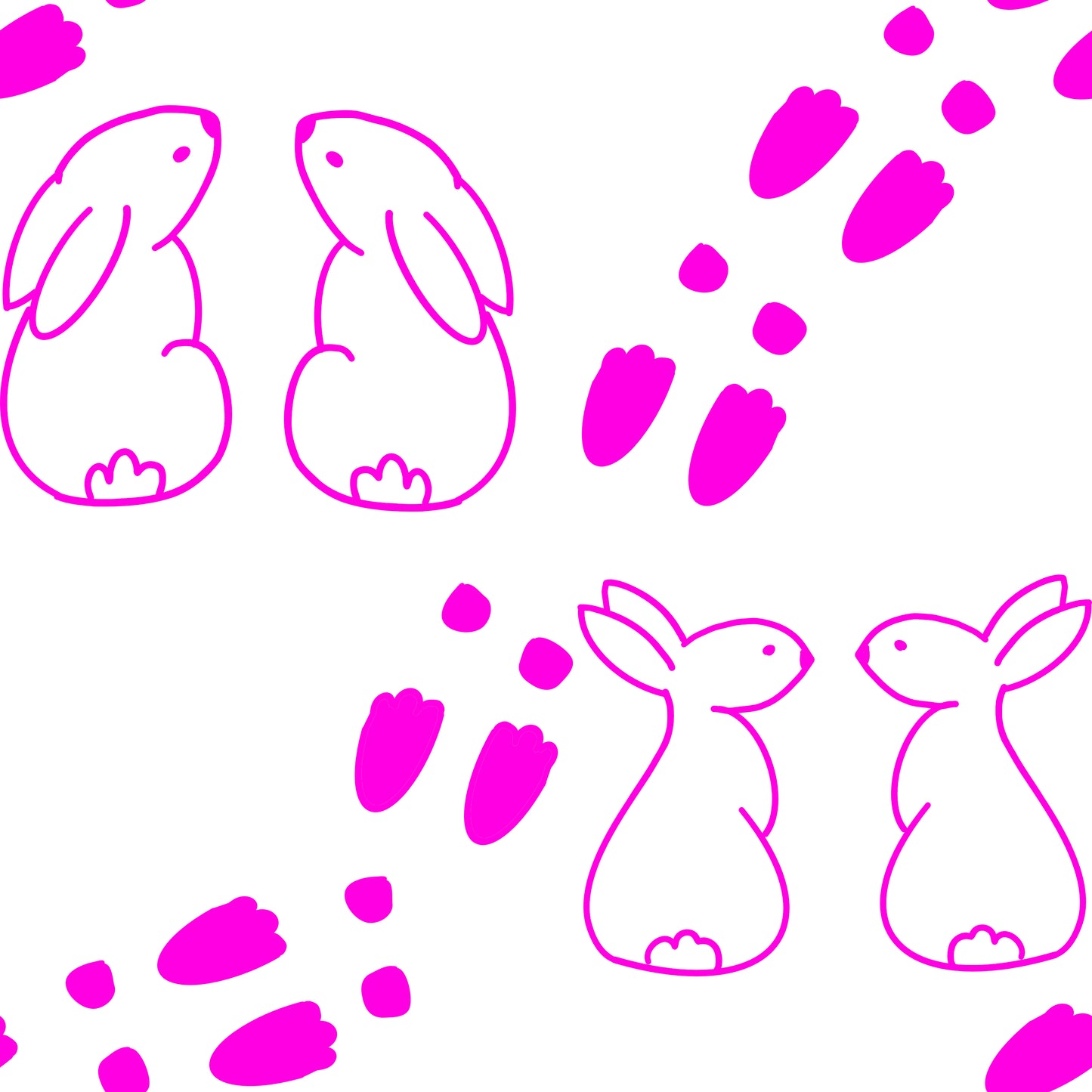 Seamless pattern of pink bunny outlines and bunny paw prints on a white background good for easter