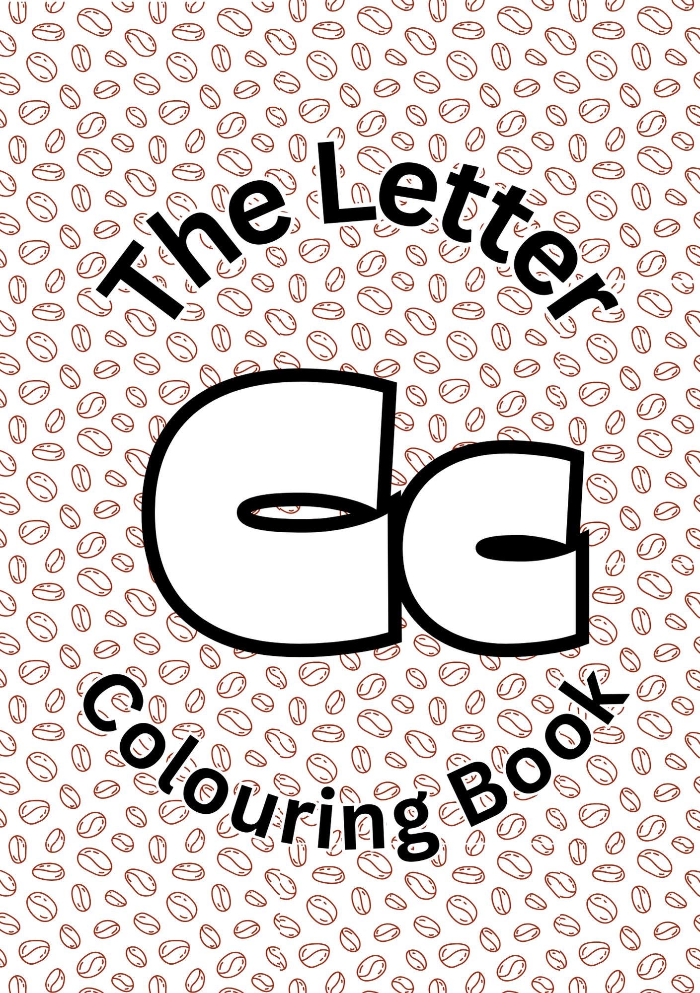 Cover of 'The Letter C Colouring Book' featuring stylized letter 'C' with a pattern of coffee beans filling the background.