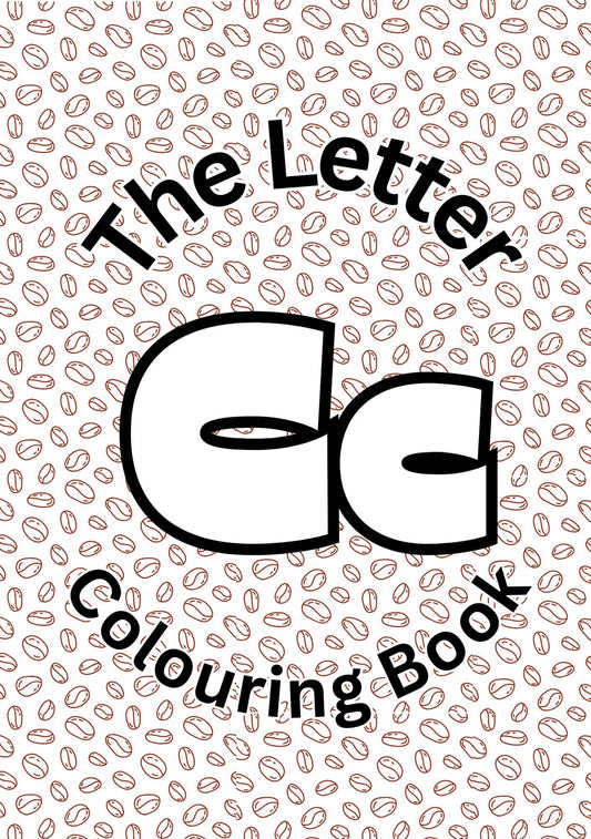 Cover of 'The Letter C Colouring Book' featuring stylized letter 'C' with a pattern of coffee beans filling the background.