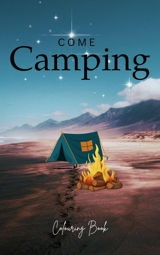 Cover of the 'Come Camping' digital colouring book featuring a tent and campfire in a mountainous landscape at dusk.