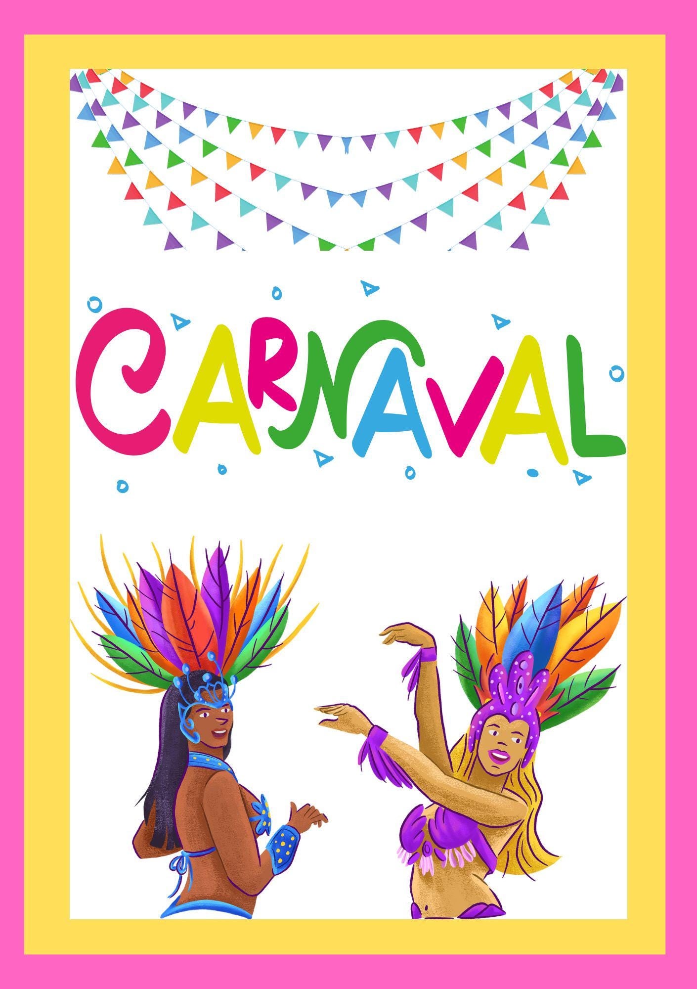 Cover page of the Carnival Digital Colouring Book featuring illustrations of two Carnaval dancers with colorful costumes and feather headdresses, and the word 'CARNIVAL' in bold, capital letters.