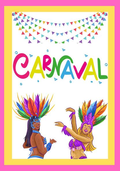 Cover page of the Carnival Digital Colouring Book featuring illustrations of two Carnaval dancers with colorful costumes and feather headdresses, and the word 'CARNIVAL' in bold, capital letters.