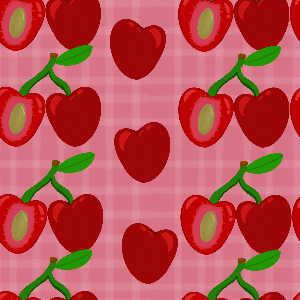 Pattern of red cherries with green stems on a pink checkered background