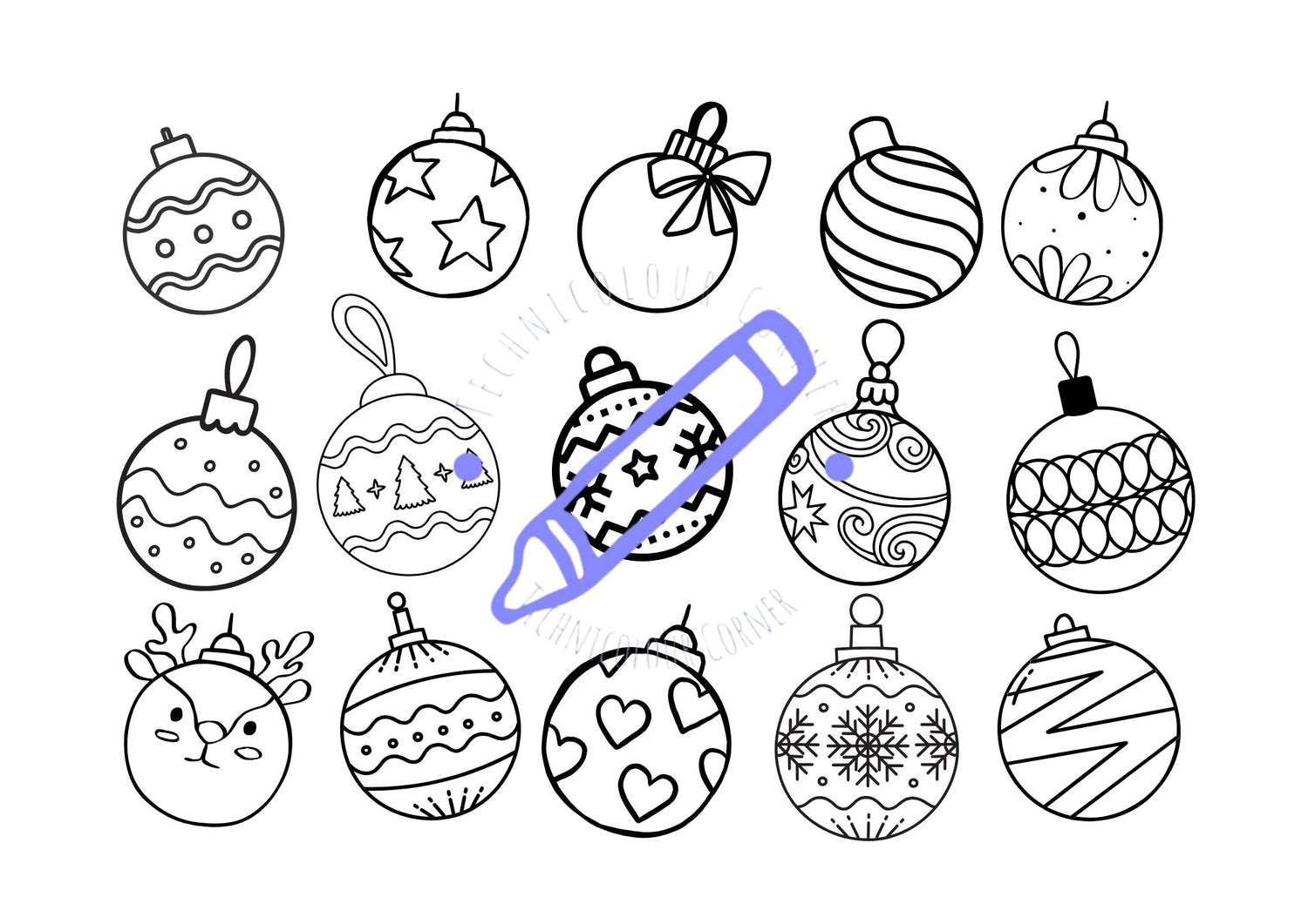 A collection of Christmas-themed coloring pages featuring various designs of ornaments.
