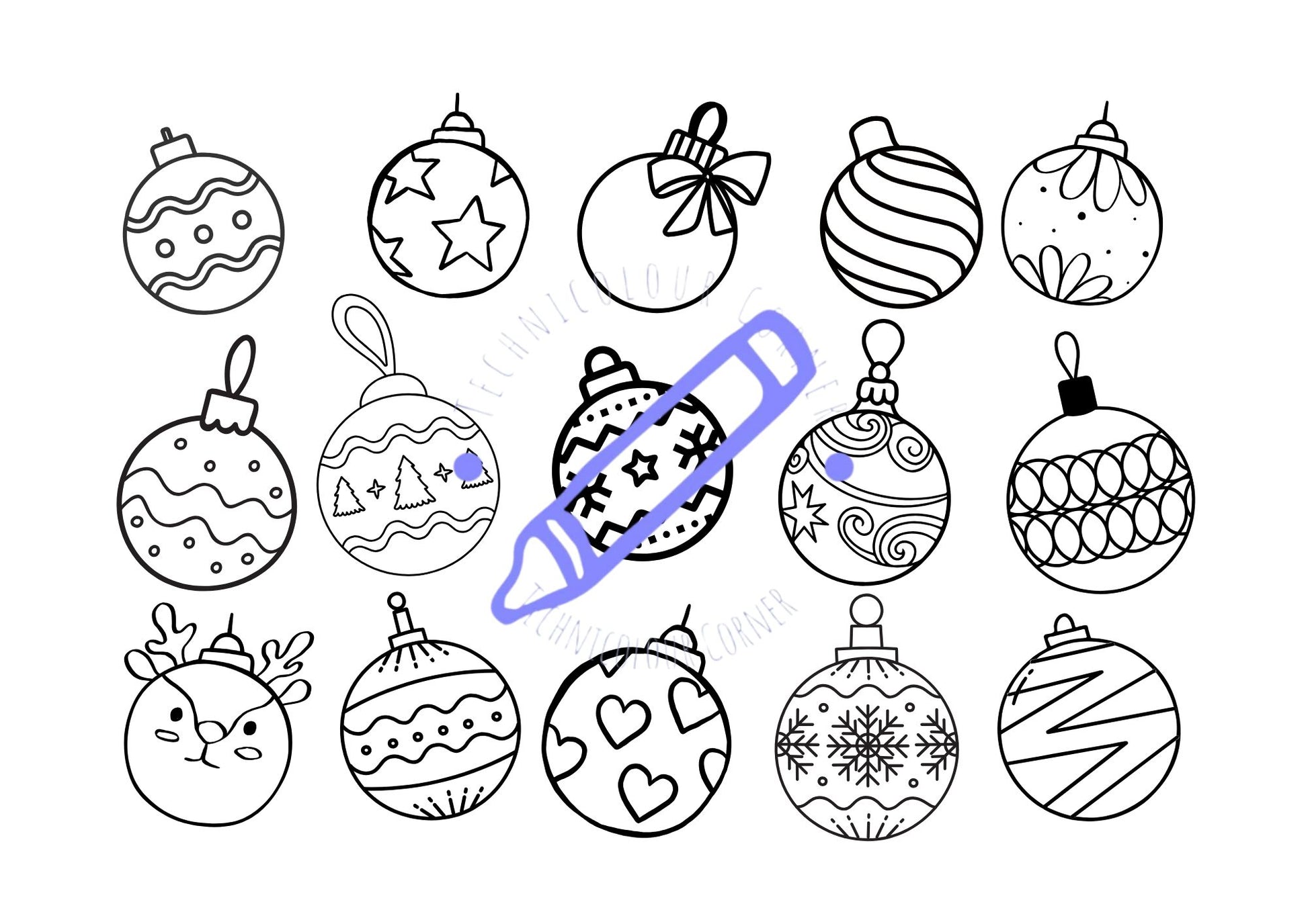 A collection of Christmas-themed coloring pages featuring various designs of ornaments.