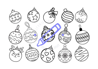 A collection of Christmas-themed coloring pages featuring various designs of ornaments.