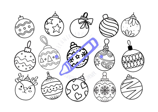 A collection of Christmas-themed coloring pages featuring various designs of ornaments.