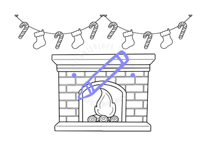 Colouring page of a fireplace with stockings and candy canes hanging over the top