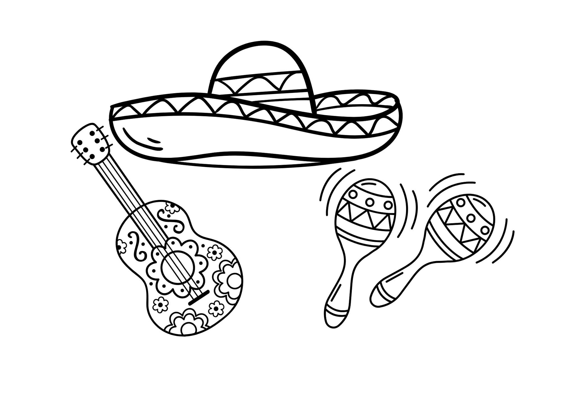 Black and white illustration of a sombrero, guitar, and maracas for cinco de mayo