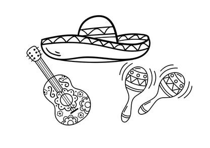 Black and white illustration of a sombrero, guitar, and maracas for cinco de mayo