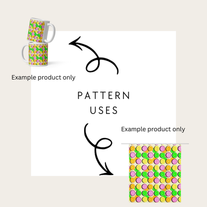 Colorful patterned mug with example product text and pattern application text on a white background.
