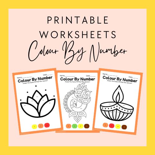 Three 'Color by Number' worksheets with floral designs on a pink background.