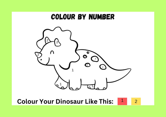 A color by number dinosaur worksheet where a child can color in a dinosaur outline by referring to the numbers provided at the bottom.