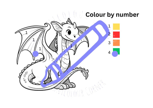 A coloring sheet with a cartoon dragon illustration, numbered for a color-by-number activity.
