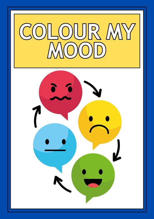 A digital mood card coloring page with various emotional expressions such as happy, sad, angry, and neutral, labeled with 'COLOUR MY MOOD'.