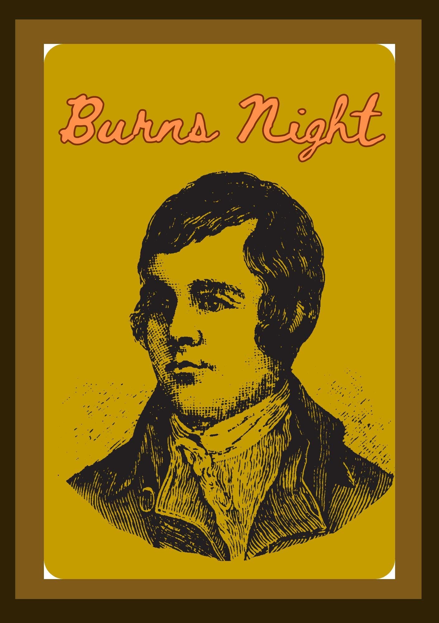 Cover of the 'Burns Night Digital Colouring Book for Kids' featuring a yellow background with an illustration of Robert Burns