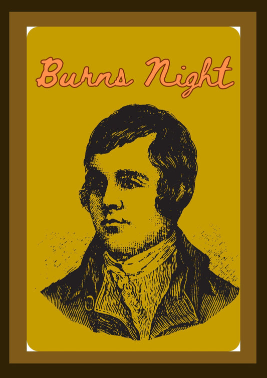 Cover of the 'Burns Night Digital Colouring Book for Kids' featuring a yellow background with an illustration of Robert Burns