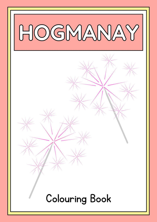 Cover of the 'HOGMANAY Colouring Book' featuring sparkler illustrations on a white background with a pink border.