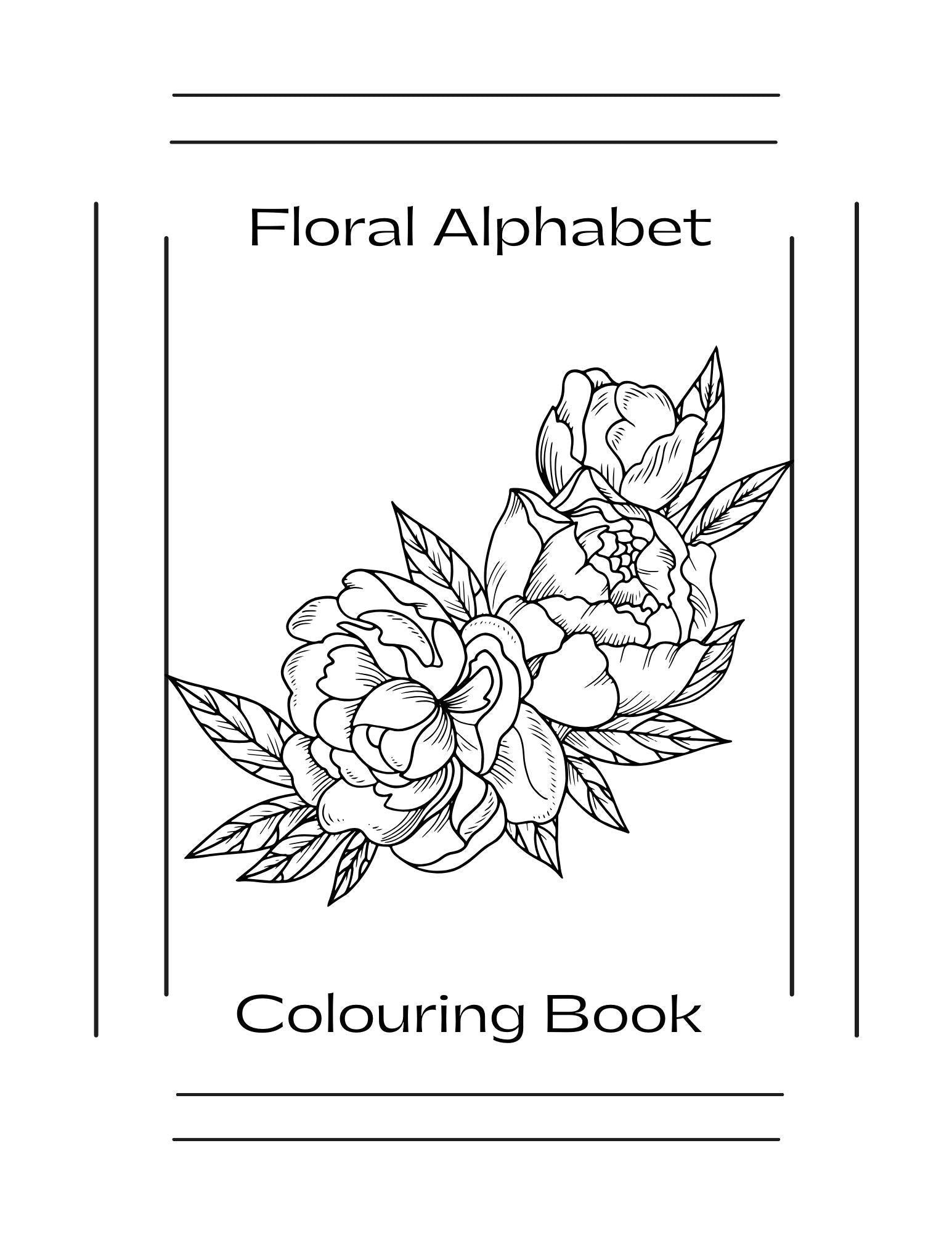 Cover of a floral alphabet coloring book with illustrations of flowers.