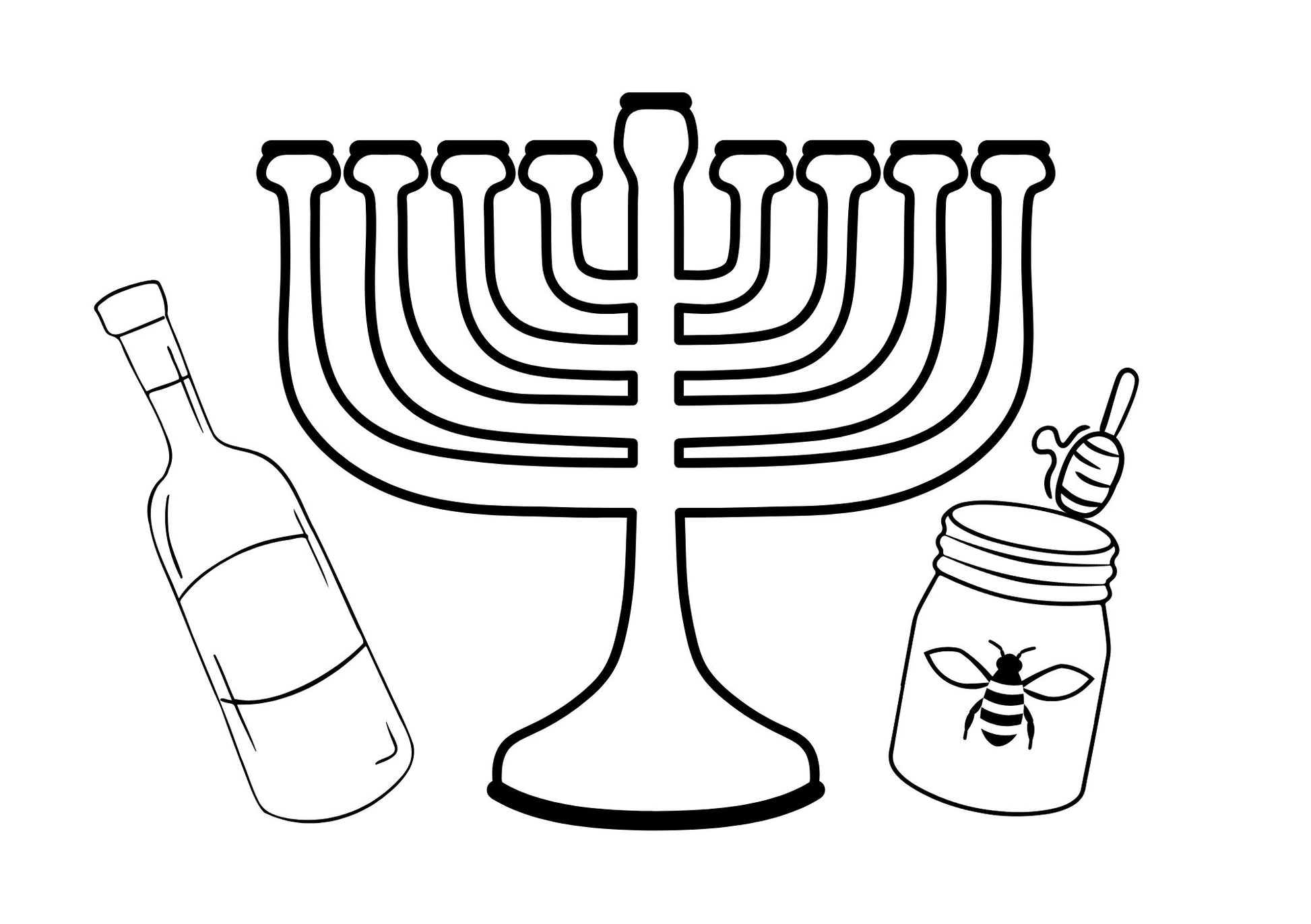 Black and white illustration of a menorah with a bottle, jar, and honeycomb.