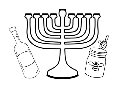 Black and white illustration of a menorah with a bottle, jar, and honeycomb.