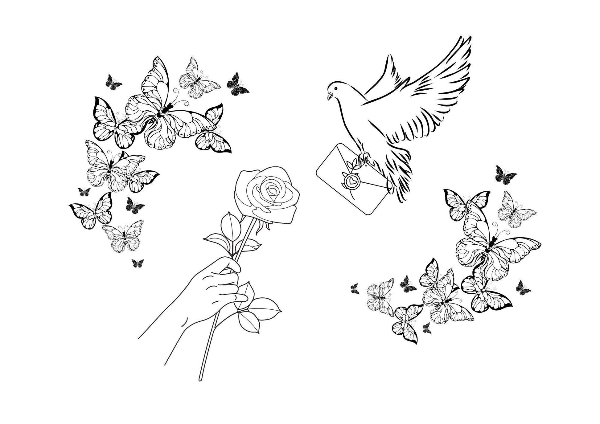 Valentines day colouring page of butterflies around a love letter and a rose