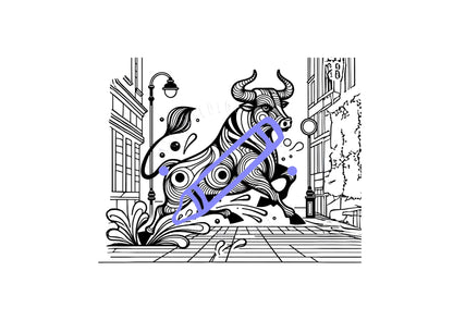 colouring page of a bull in the street