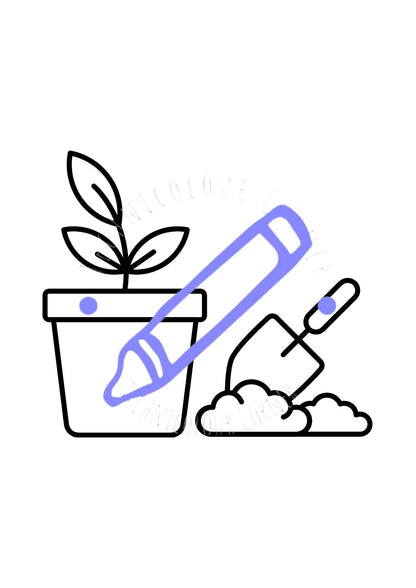 gardening shovel and pot colouring page