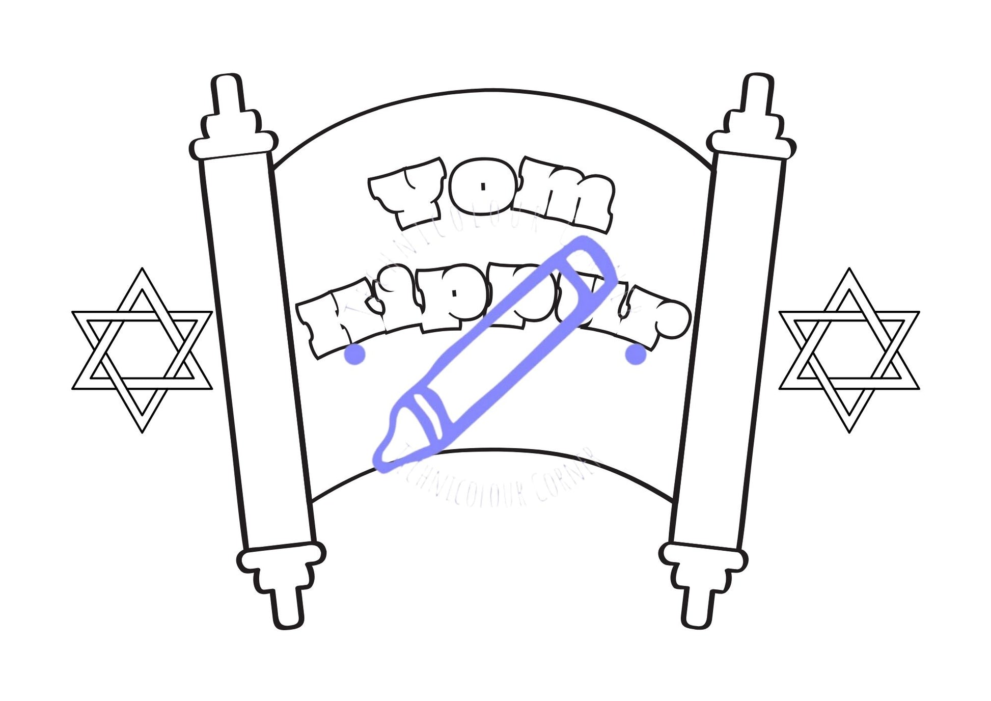 A colouring page with a Yom Kippur theme, featuring a scroll with the text 'YOM KIPPUR' and two stars of David, one on each side.