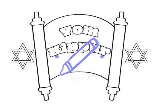 A colouring page with a Yom Kippur theme, featuring a scroll with the text 'YOM KIPPUR' and two stars of David, one on each side.