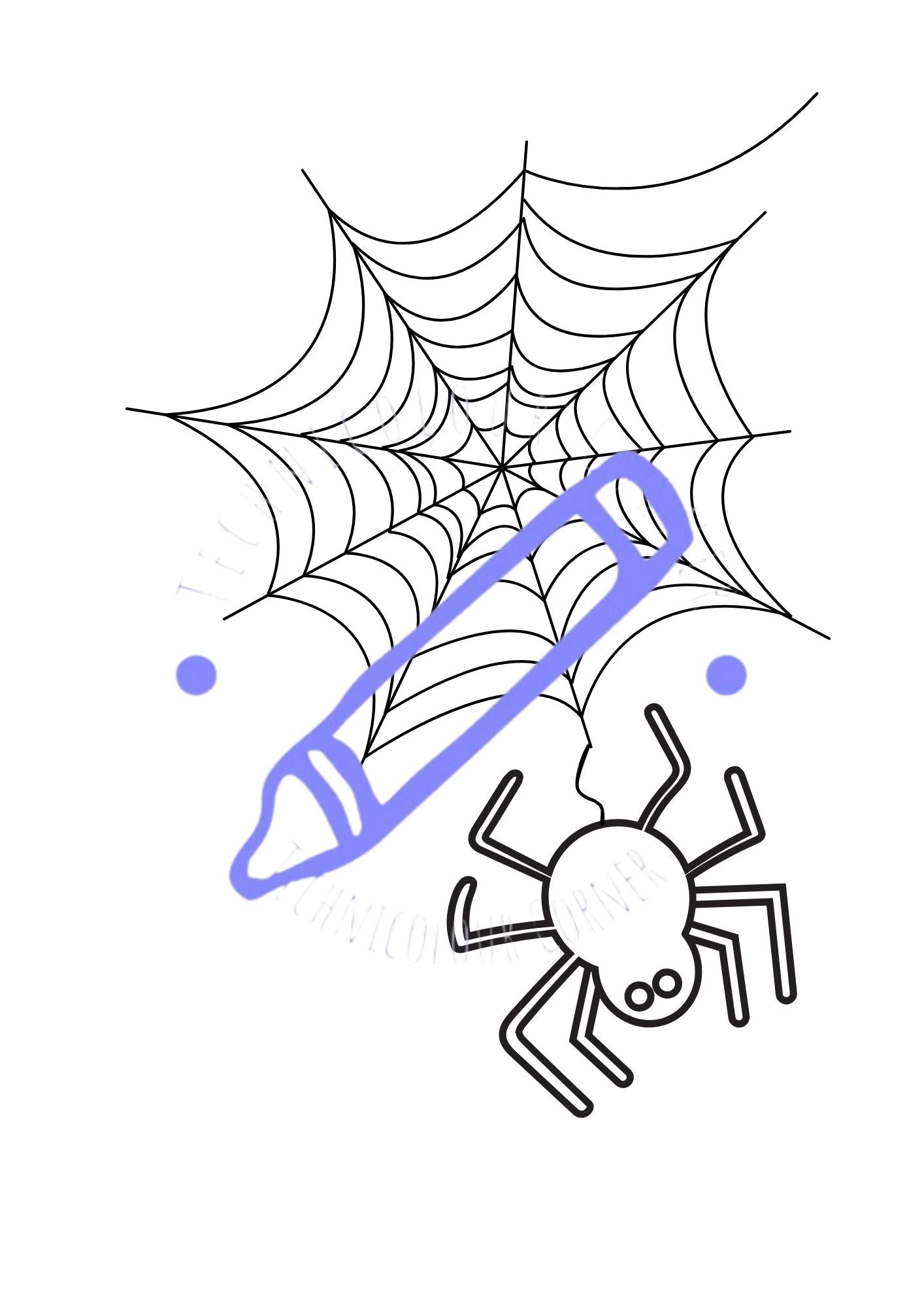colouring page showing a spider web from the kids halloween colouring book
