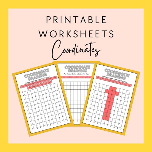 Three coordinate drawing worksheets on a pink background with text 'Printable Worksheets Coordinates'.