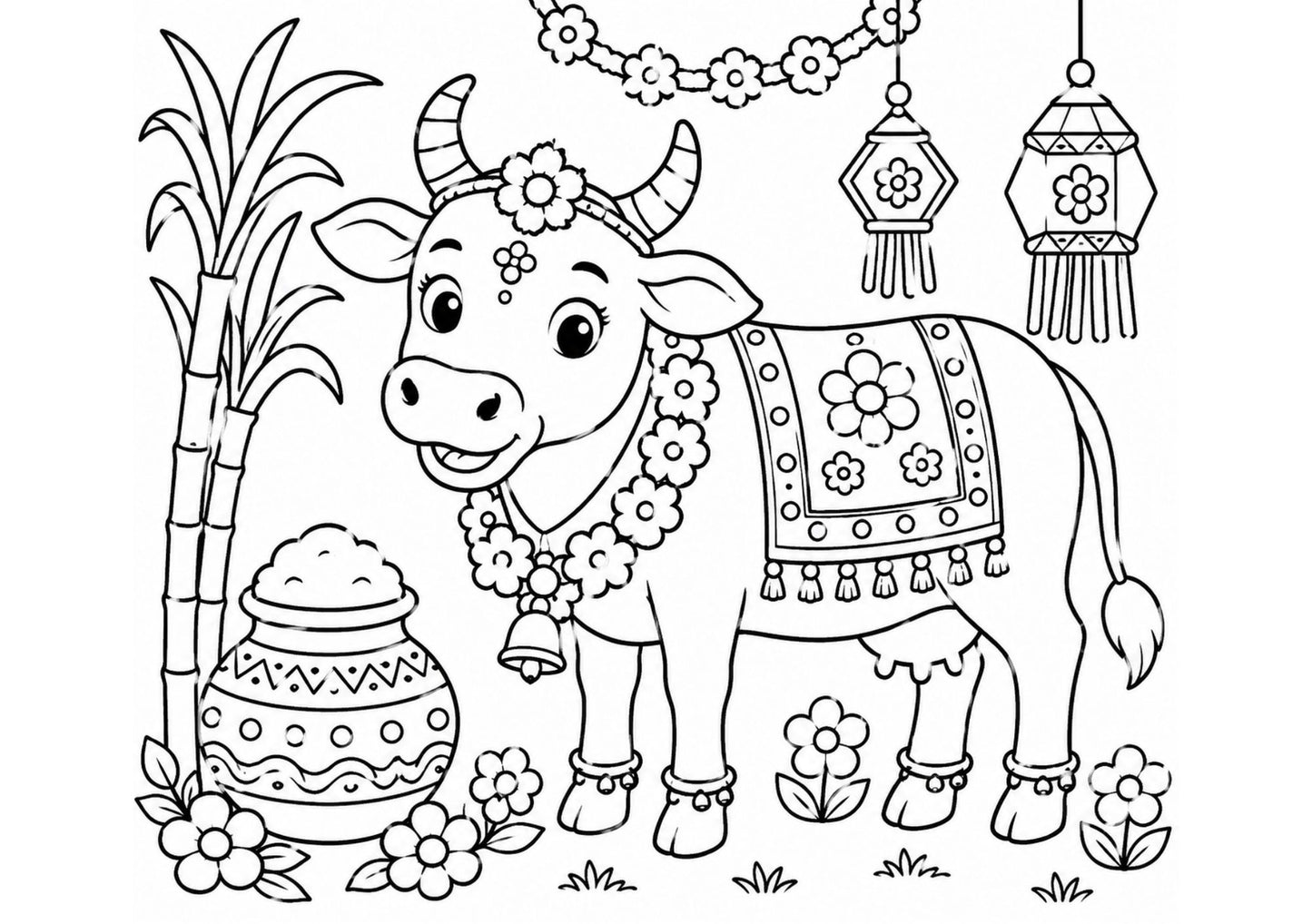 Coloring page of a decorated cow with flowers and a pot.