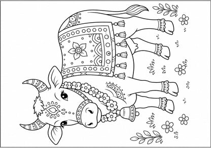 Decorative cow illustration with intricate patterns on a white background