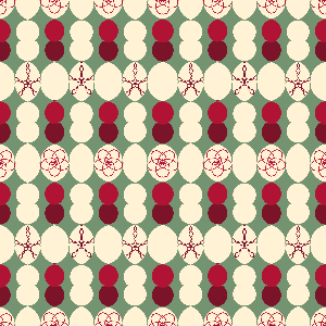 Pattern of red, white, and green circles and floral shapes on a green background for christmas crackers