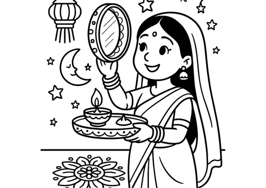 Black and white illustration of a woman holding a mirror and a lamp, with decorative elements on a white background.