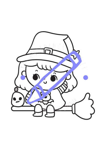 cute witch kids colouring page for halloween 