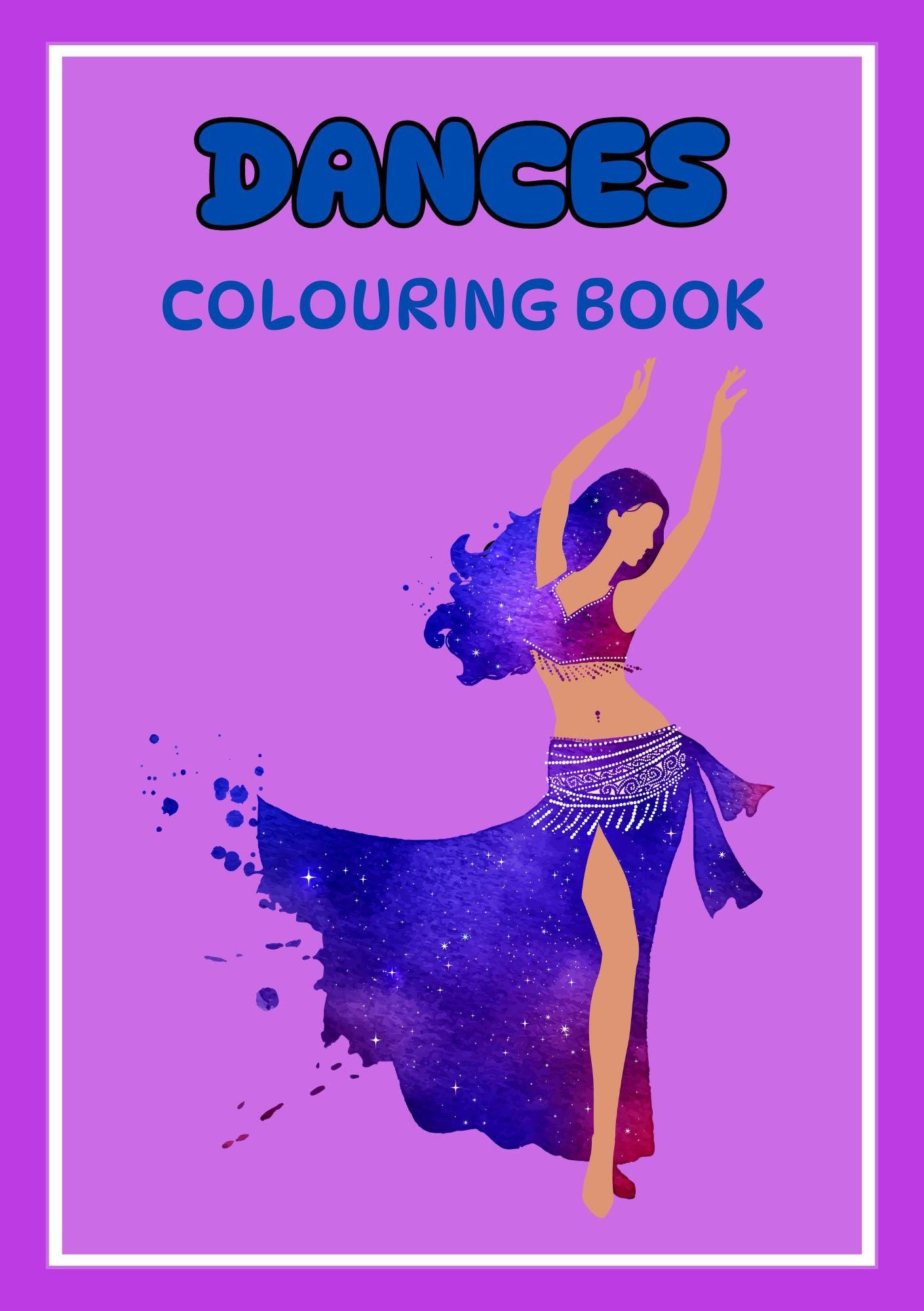 Cover of a colouring book with the title 'DANCES COLOURING BOOK' and an illustration of a person dancing in a purple dress with a swirl of color behind.