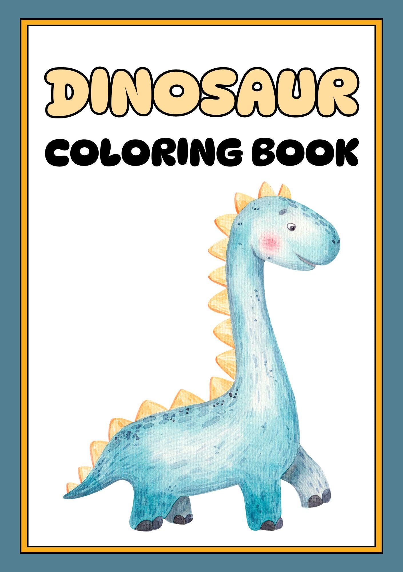 Cover of a dinosaur coloring book featuring a cartoon-style blue dinosaur with the title 'Dinosaur Coloring Book'.