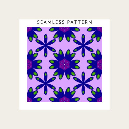 Seamless pattern with blue and green floral shapes on a purple background