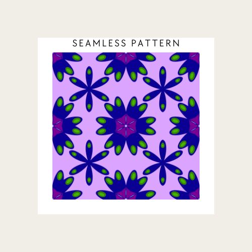 Seamless pattern with blue and green floral shapes on a purple background