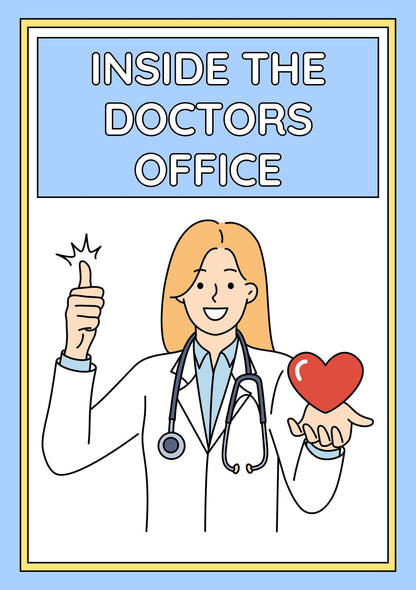 Cover of the 'Inside The Doctors Office - A Digital Colouring Book' featuring an illustration of a smiling doctor with a stethoscope and a heart-shaped balloon.