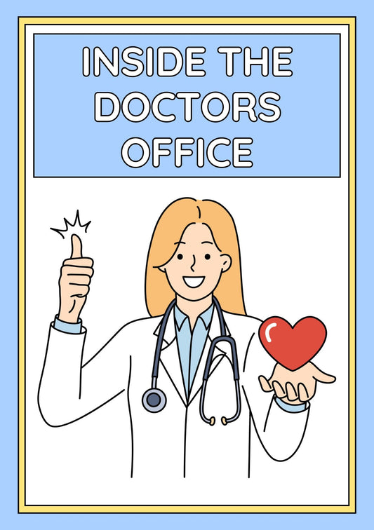 Cover of the 'Inside The Doctors Office - A Digital Colouring Book' featuring an illustration of a smiling doctor with a stethoscope and a heart-shaped balloon.