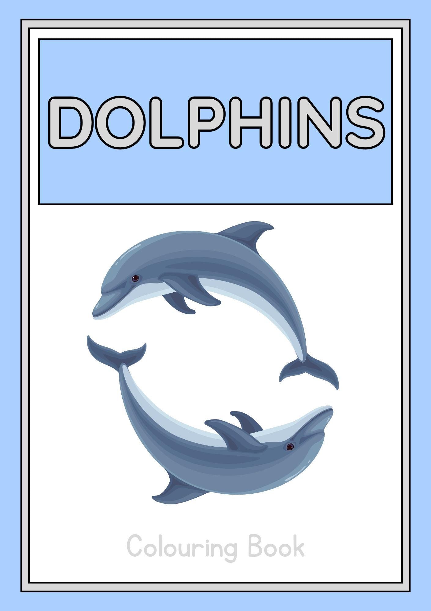 Cover of the Dolphin Digital Colouring Book featuring two dolphins in a stylized design with the title 'DOLPHINS' and 'Colouring Book' text.