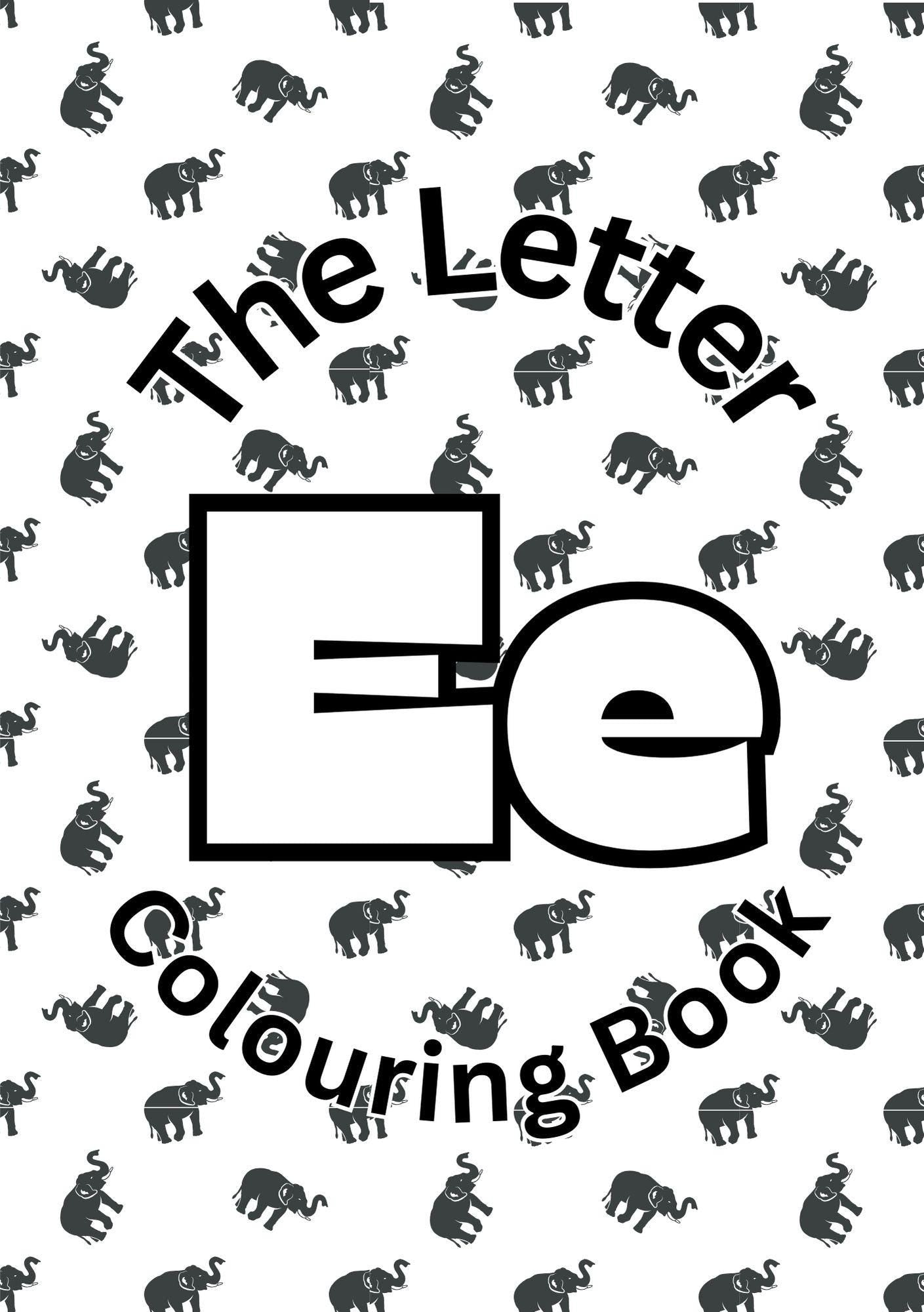 Cover of 'The Letter E Digital Colouring Book' featuring multiple elephants pattern and the letter 'E' in stylized text.