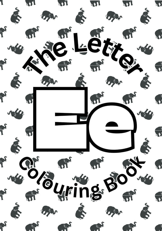 Cover of 'The Letter E Digital Colouring Book' featuring multiple elephants pattern and the letter 'E' in stylized text.