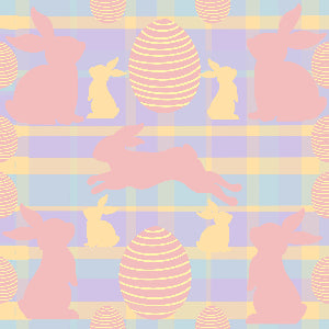 Pastel pattern with Easter eggs and bunnies on a plaid background